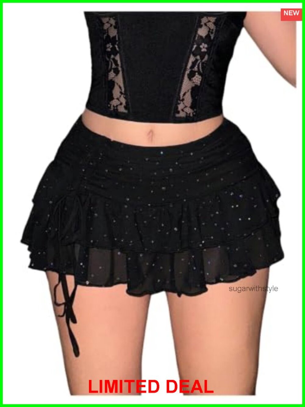 Sequin Sparkly Glitter Mesh Ruffle Layered Mini Skirt Ruched Bodycon